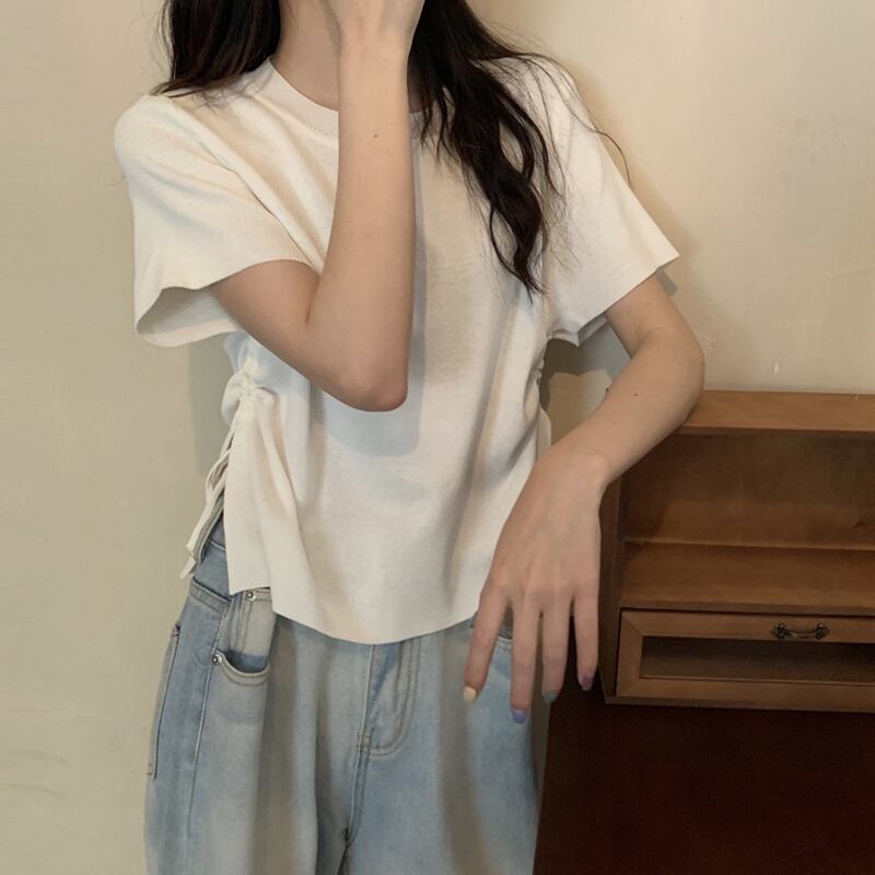 ホワイトニットショートTシャツ サマーギャザー 夏物 試着室37917851908