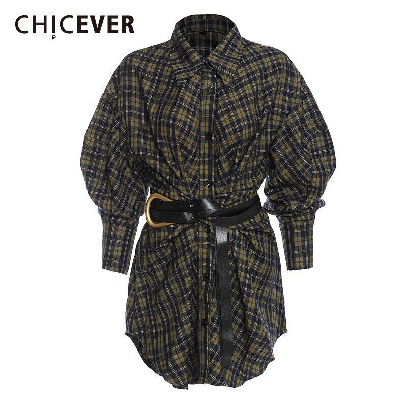 CHICEVERルーズチェック柄シャツレディースラペル長袖ウエストサッシヒットカラーブラウス2020オータムタイド ロング 秋物 6base590851049930