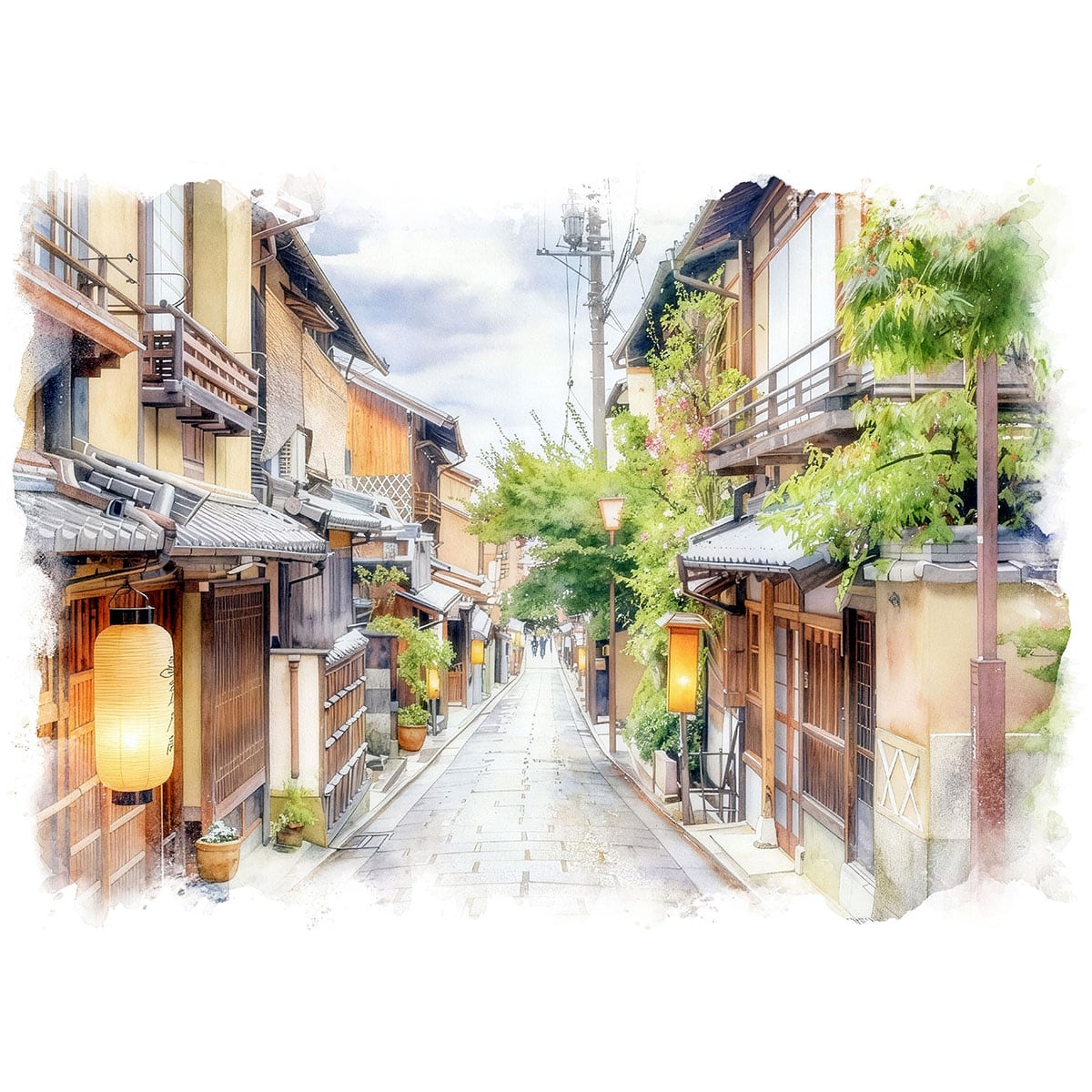 絵画 日本 京都の小路の風景 インテリアアート額付き 水彩画・油絵風