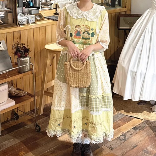 袖切り替えデザイン刺繍ワンピース ・10876