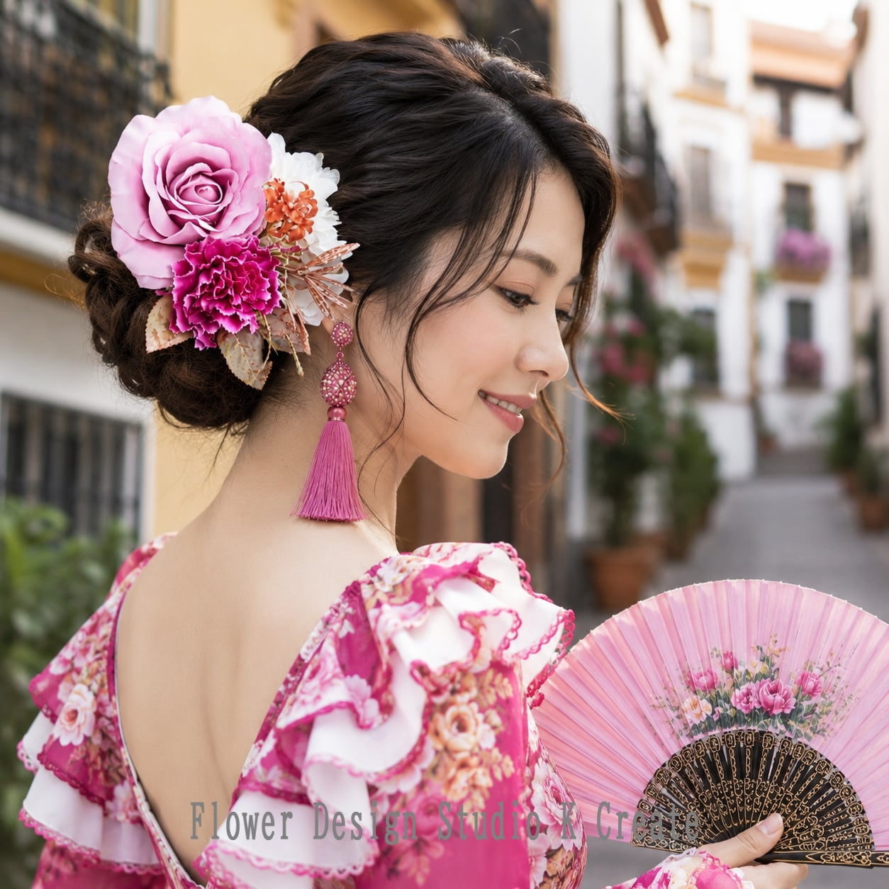 モーブピンクの薔薇とローズピンクのカーネーションのフローレス髪飾り|フラメンコ・ダンス・パーティー・フォーマル・和装
