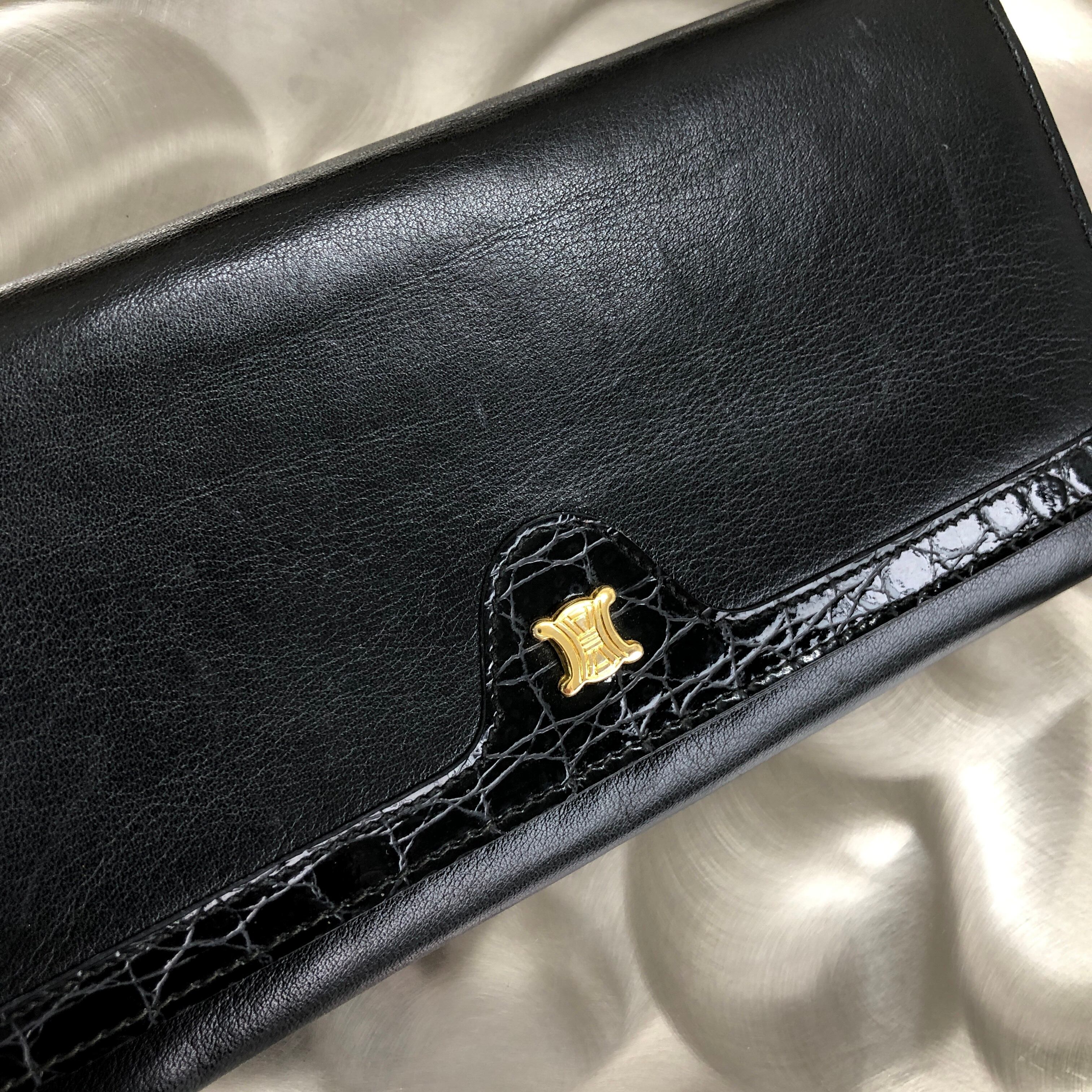 ✨廃盤品✨ CELINE クロコ型押し レザー トリオンフ がま口 長財布 黒