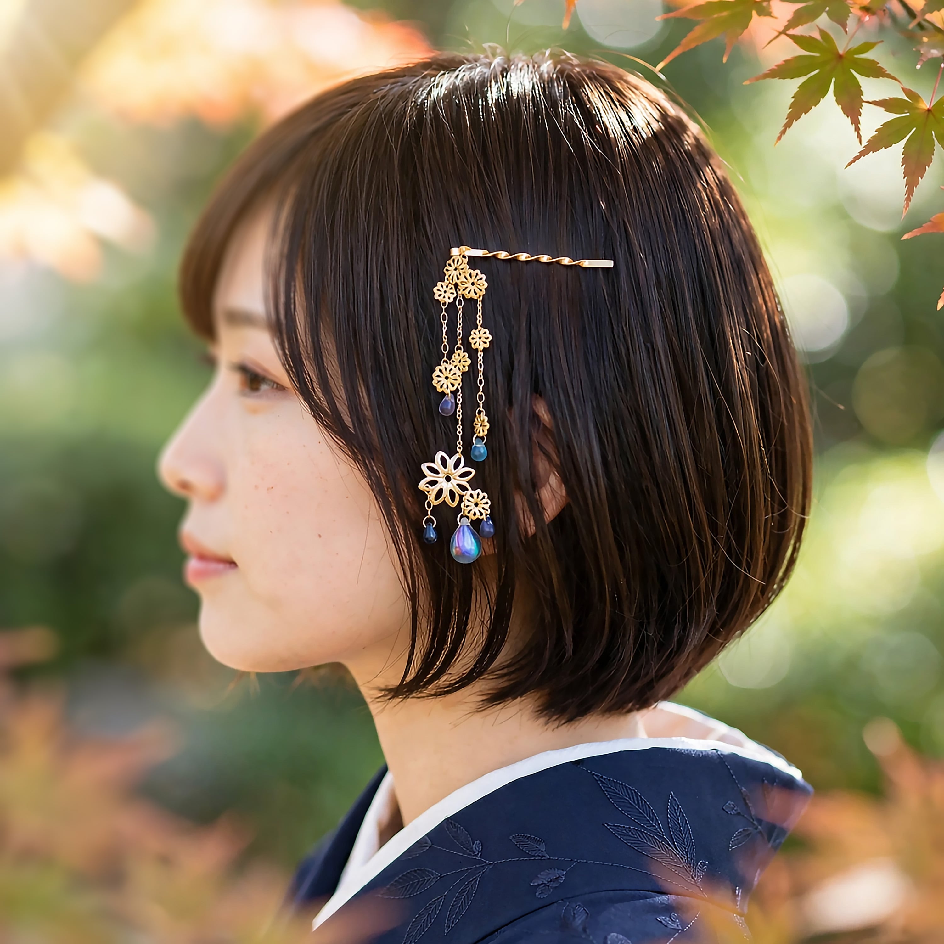 ヘアピン「こんこんと見ゆ」【チェコビーズ】軽量快適・ショートヘアも簡単アレンジ。