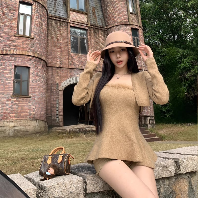 【set】ファー付きチューブトップス×ニットカーディガンセット Q8097