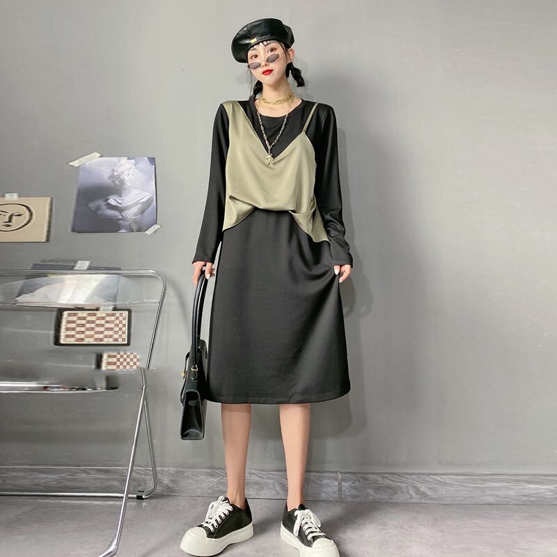 ファットシスタープラスサイズの婦人服2020年秋新作キャミソールルーズ&シンネットバージョンフェイクツーピースドレス ミックスインファッション36806815740