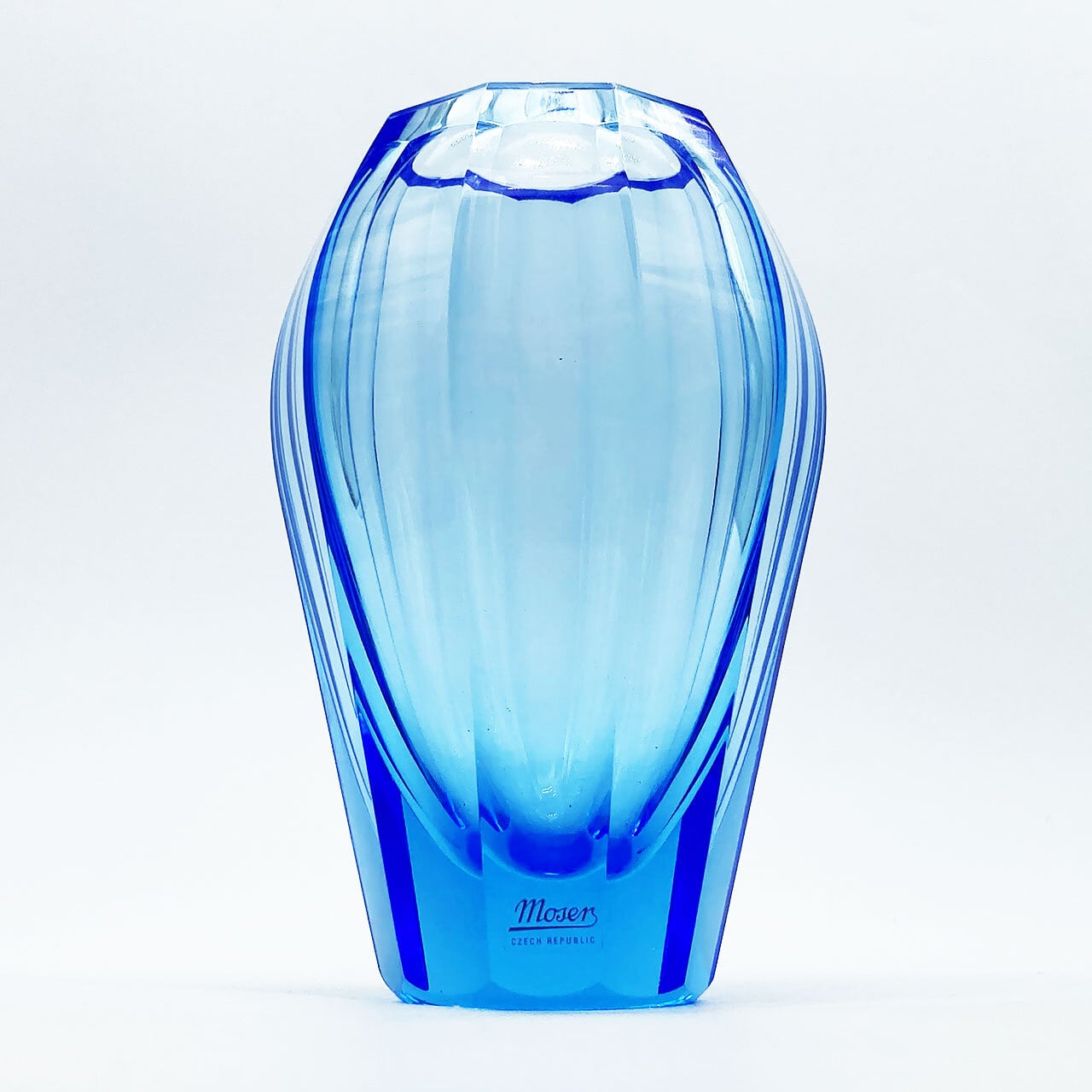 ボヘミアガラス モーゼル Moser 花瓶 フラワーベース マリンブルー