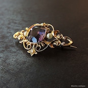 英国アンティークジュエリー アール・ヌーヴォー 15ctゴールド 天然アメシスト 真珠 ブローチ(ソーティングメモ付)