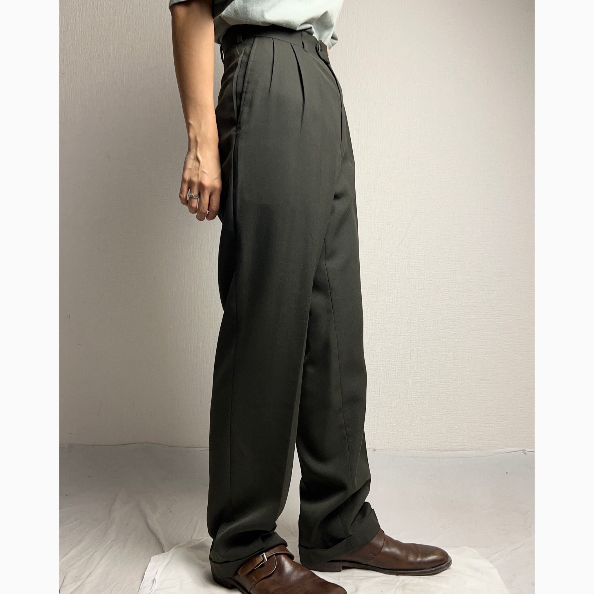 90's~ 3Tuck Slacks IN-TUCK W30 3タック スラックス インタック モス