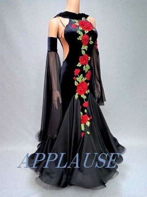 社交ダンス ドレス　スタンダード　モダンドレス　blackベロア　M～L　ST-22-45　デモ・競技用ドレス　発表会衣装　パーティドレス　ワンピース　舞台衣装