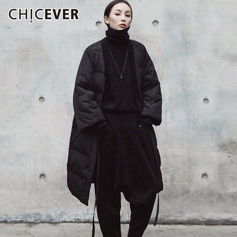 CHICEVERウィンターダウンジャケットレディースコートVネックスリークォータースリーブレースアップブラックシックジャケットコート 冬物 6base588674979080