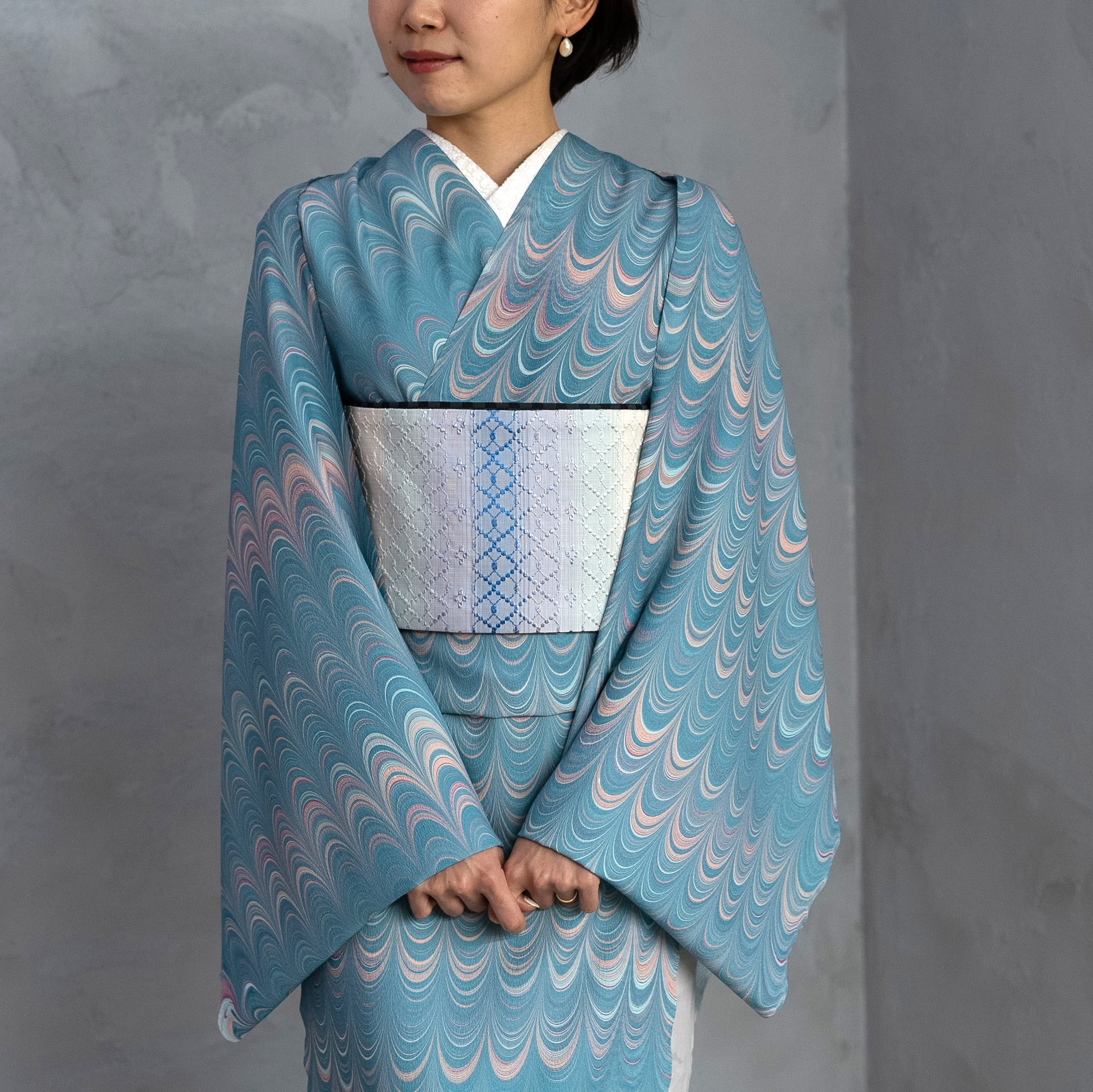 正絹 墨流し 紬 単 渡し 着物 正絹 墨流し 紬 単 渡し 着物