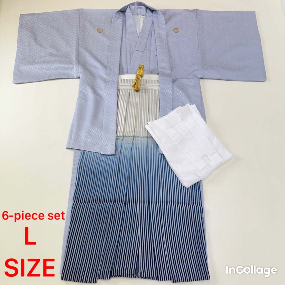紋付袴 6点セット 着物 羽織 袴 長襦袢 羽織紐 角帯 裄73cm 袴丈89cm L グレー 五つ紋 中古 4504