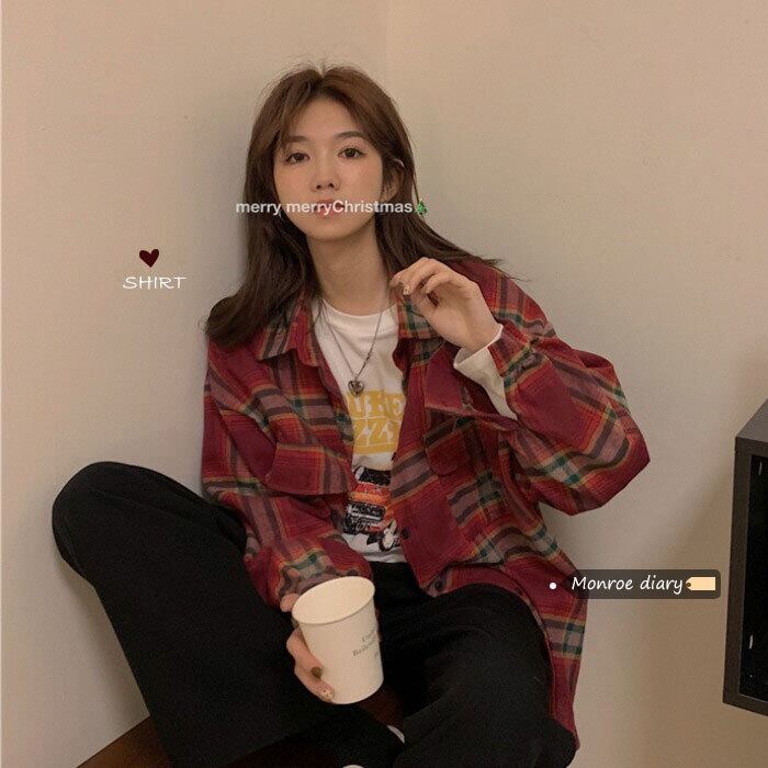 スタンダード格子柄シャツ スプリングトップス コート ロング レトロ 春物 モンロー5996202974