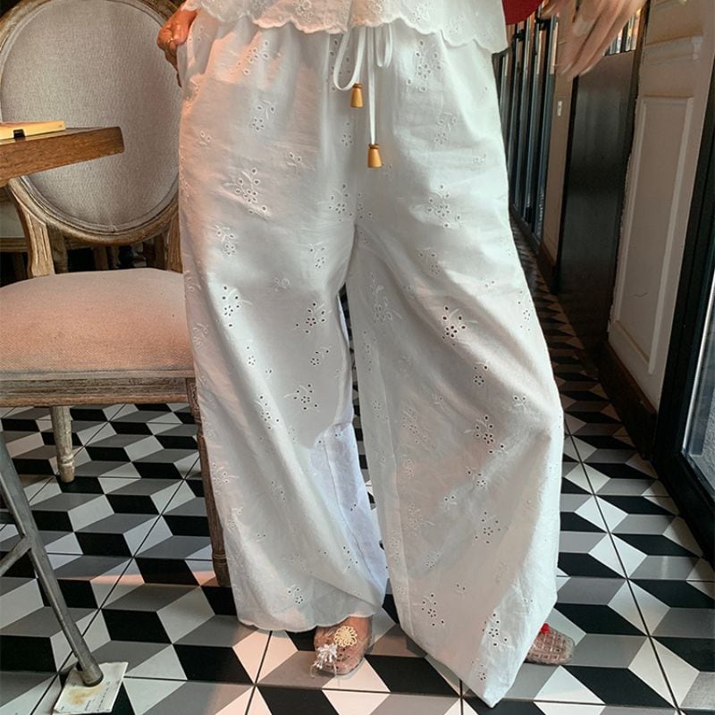 Eyelet embroidered white wide pants 00473