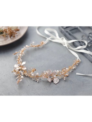 【フラワー小枝ビジュ　ゴールド】　バックカチューシャ　袴　振袖　成人式　ヘアドレス　カチューシャ k-0028