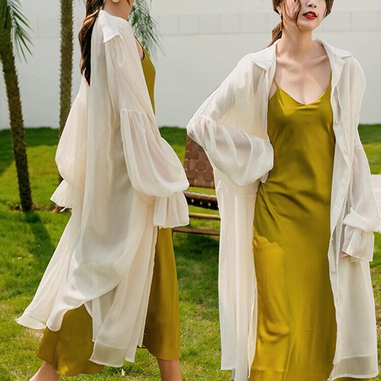 トップス レディース カーディガン ボレロ ロング ロング丈 長袖 トランペットスリーブ ゆったり 襟付き シフォン かわいい 大人可愛い きれいめ 上品 エレガント 清楚 フェミニン シック おしゃれ 綺麗 お嬢様 セクシー アジアン エスニック おとな こなれ感 キュート ガーリー 個性的 リラックス アンティーク 抜け感 無地 デート お出かけ 女子会 休日 リゾート 旅行 S M L ホワイト オフホワイト 春 夏 10代 20代 30代 韓国 韓国系 普段使い 着回し デイリー モテ 送料無料