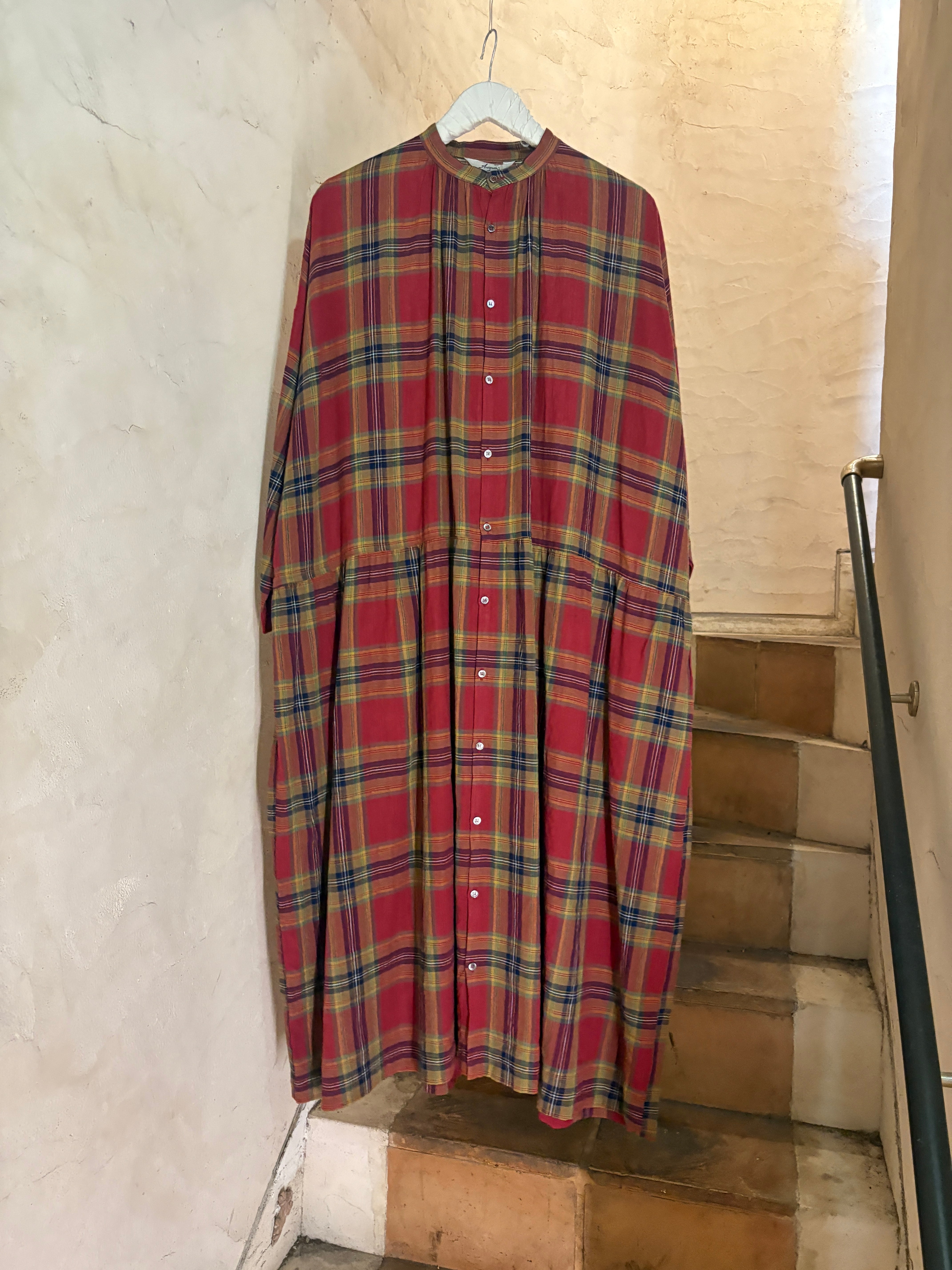 ICHI ANTIQUINTÉS | COTTON LINEN MADRAS CHECK DRESS-red