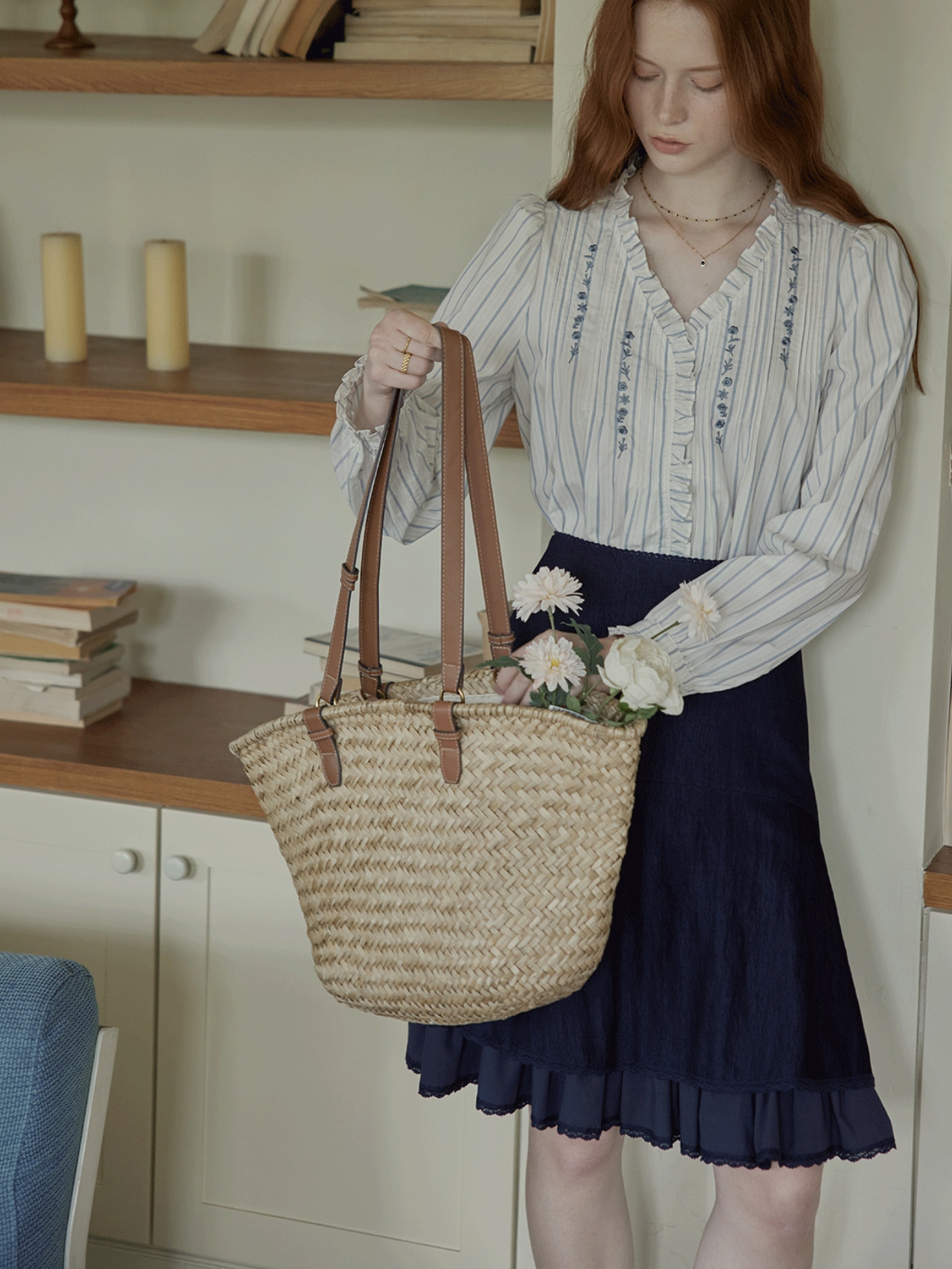 Poésie Bleue Embroidered Ruffle Blouse F0785