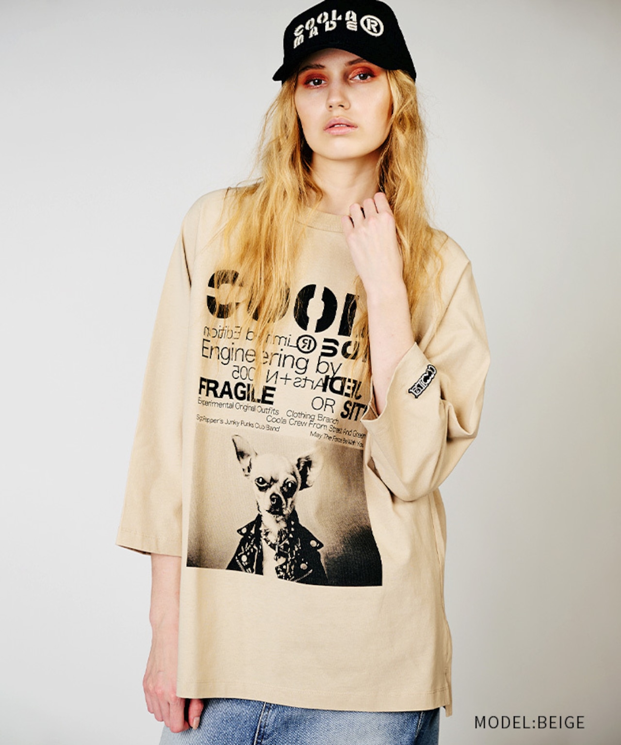 【先行販売】COOLA DOGGYフォトプリントラグランスリーブTシャツ (BEIGE) CQ-48024