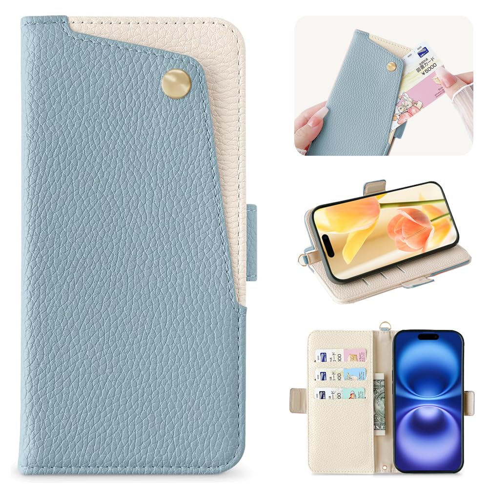 Kahper for iPhone 16 ケース 手帳型 いphone16 ケース 手帳型 可愛い おしゃれ スマホケース iphone16 財布型 軽量 衝撃吸収 レザー 全面保護 防塵 落下防止 アイフォン16 携帯カバー マグネット式 スタンド機能 カード収納 人気 上質 6.1インチ スカイブルー