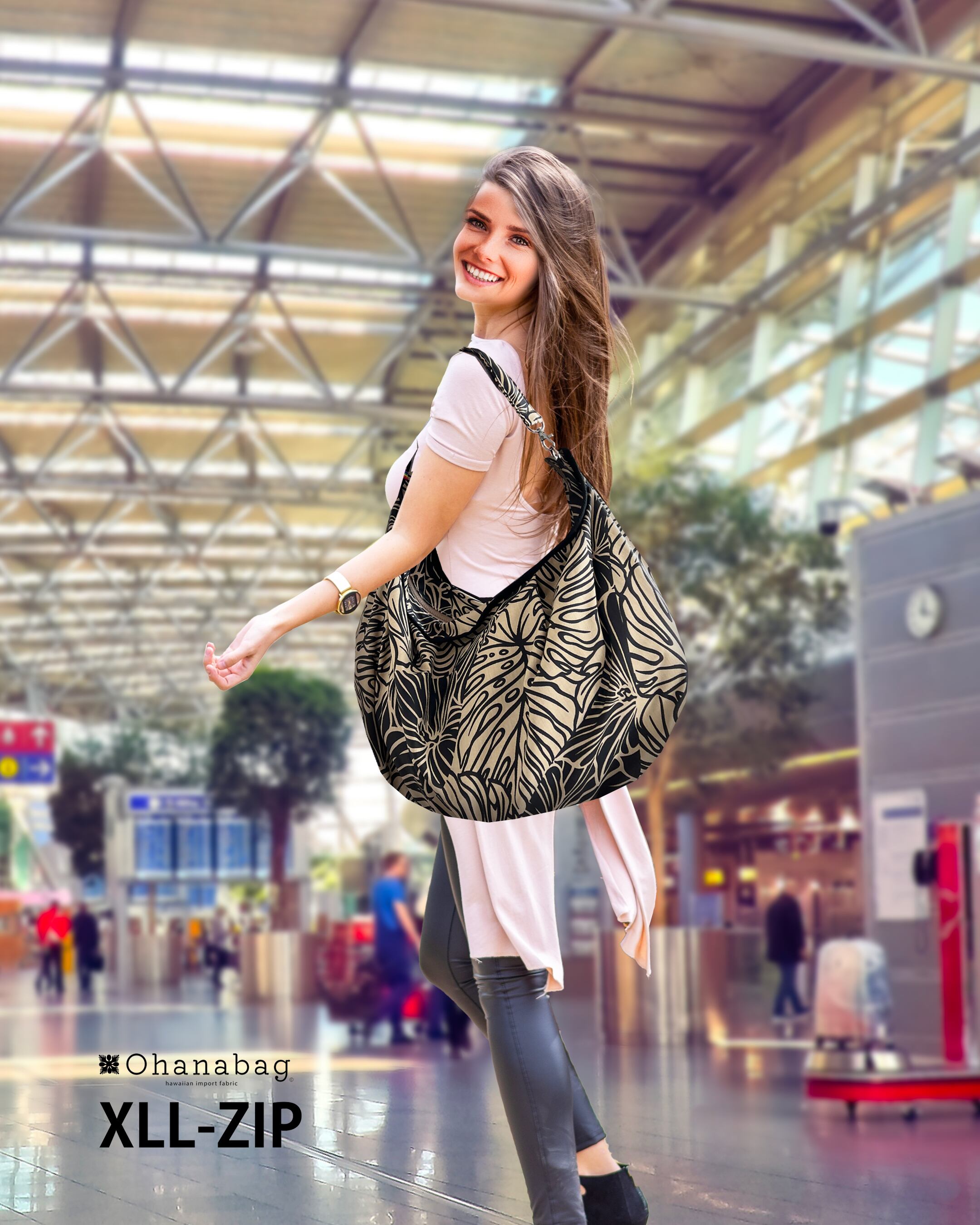 【XLL-ZIP・ベージュモンステラ】Hawaiian Ohana Bag/ XLL-ZIP_001