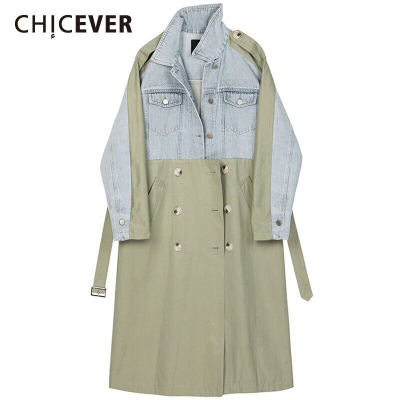 CHICEVERデニムコートレディースラペルカラー長袖パッチワークヒットカラーレースアップポケットコート2020秋 ロング オータム 秋物 6base57703421743