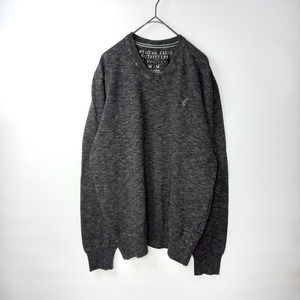 アメリカンイーグル　Vネック　コットンニット　セーター　薄手　刺繍ロゴ　無地　グレー　M