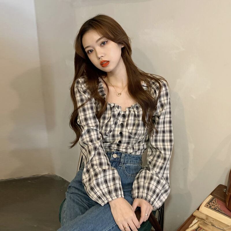 格子柄シャツ スプリングオータムスタンダードショートトップス レトロ 春物 秋物 試着室42325580382
