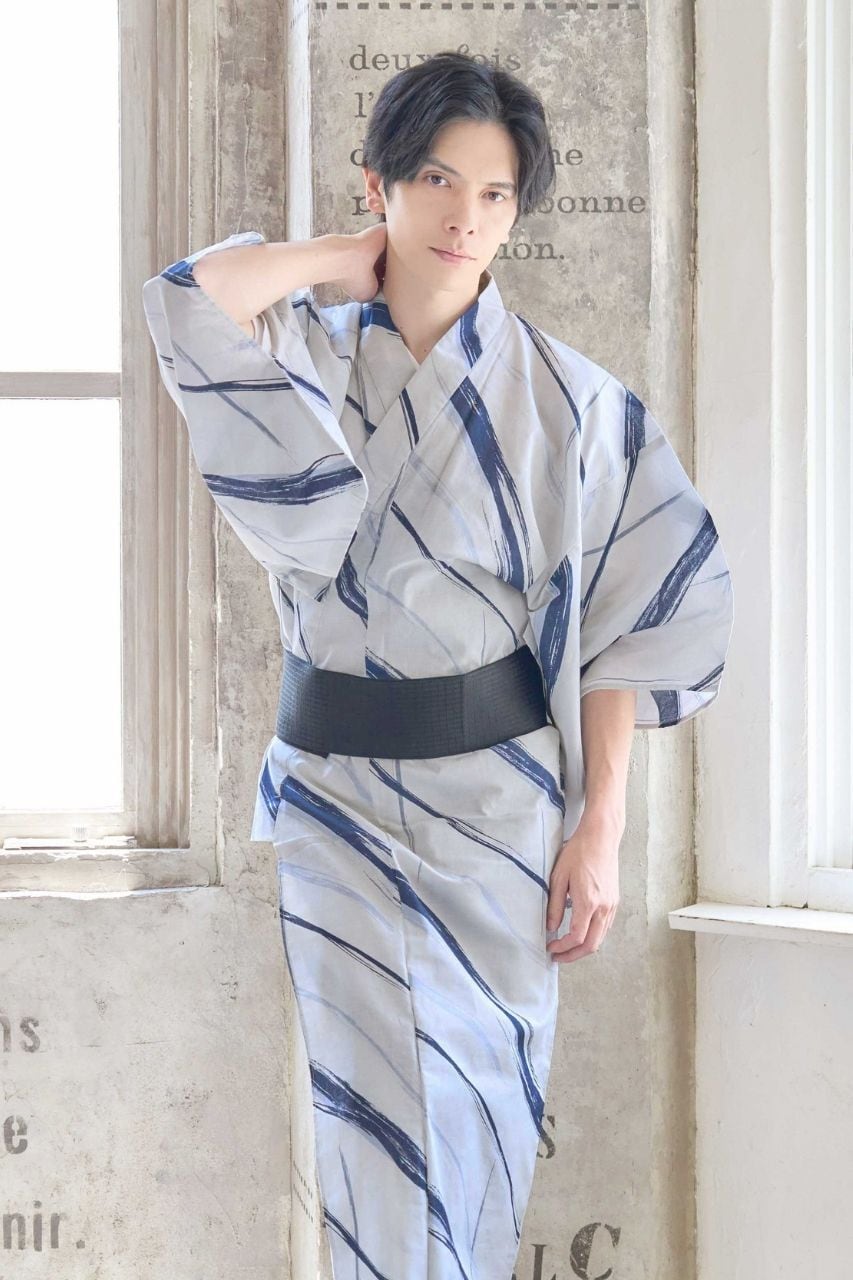 メンズ浴衣3点set清涼の流水文様柄（グレー地）Y5-29 | ANDESIR