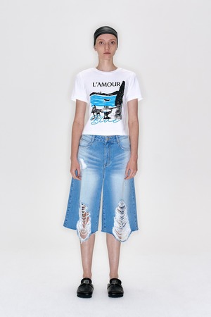 [YCH] DESTROYED BERMUDA JEANS (blue) 正規品 韓国ブランド 韓国通販 韓国代行 韓国ファッション スリータイムズ ワイシーエイチ 日本 店舗