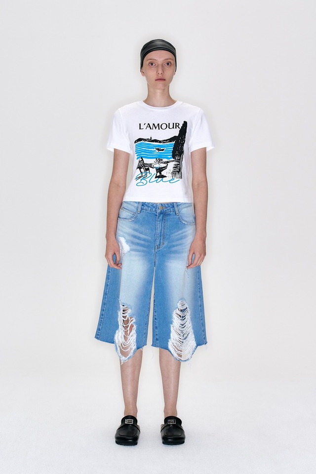 [YCH] DESTROYED BERMUDA JEANS (blue) 正規品 韓国ブランド 韓国通販 韓国代行 韓国ファッション スリータイムズ ワイシーエイチ 日本 店舗