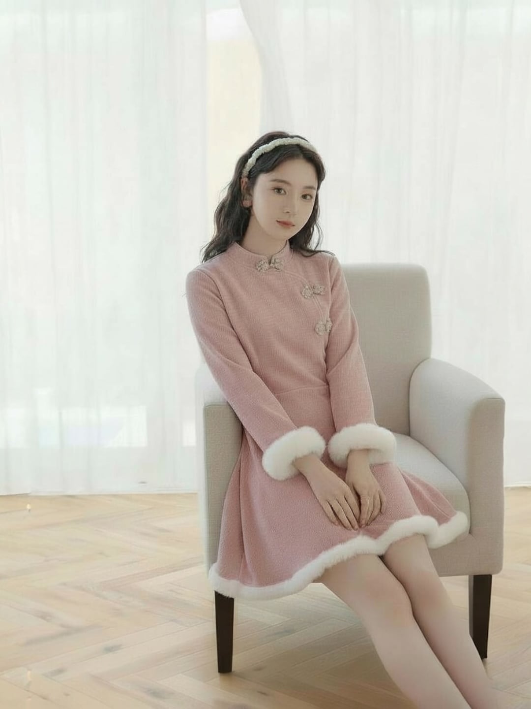 チャイナ風ファー袖・ベロア調ミニワンピースV05061