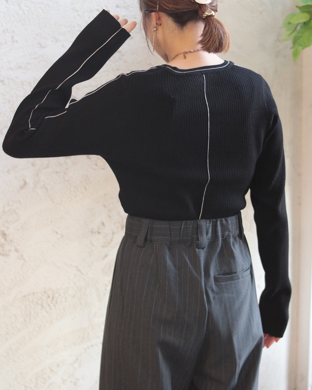 【hunch】静電気防止 やわもちヤーン ライン入りクルーネックニット　(250948)