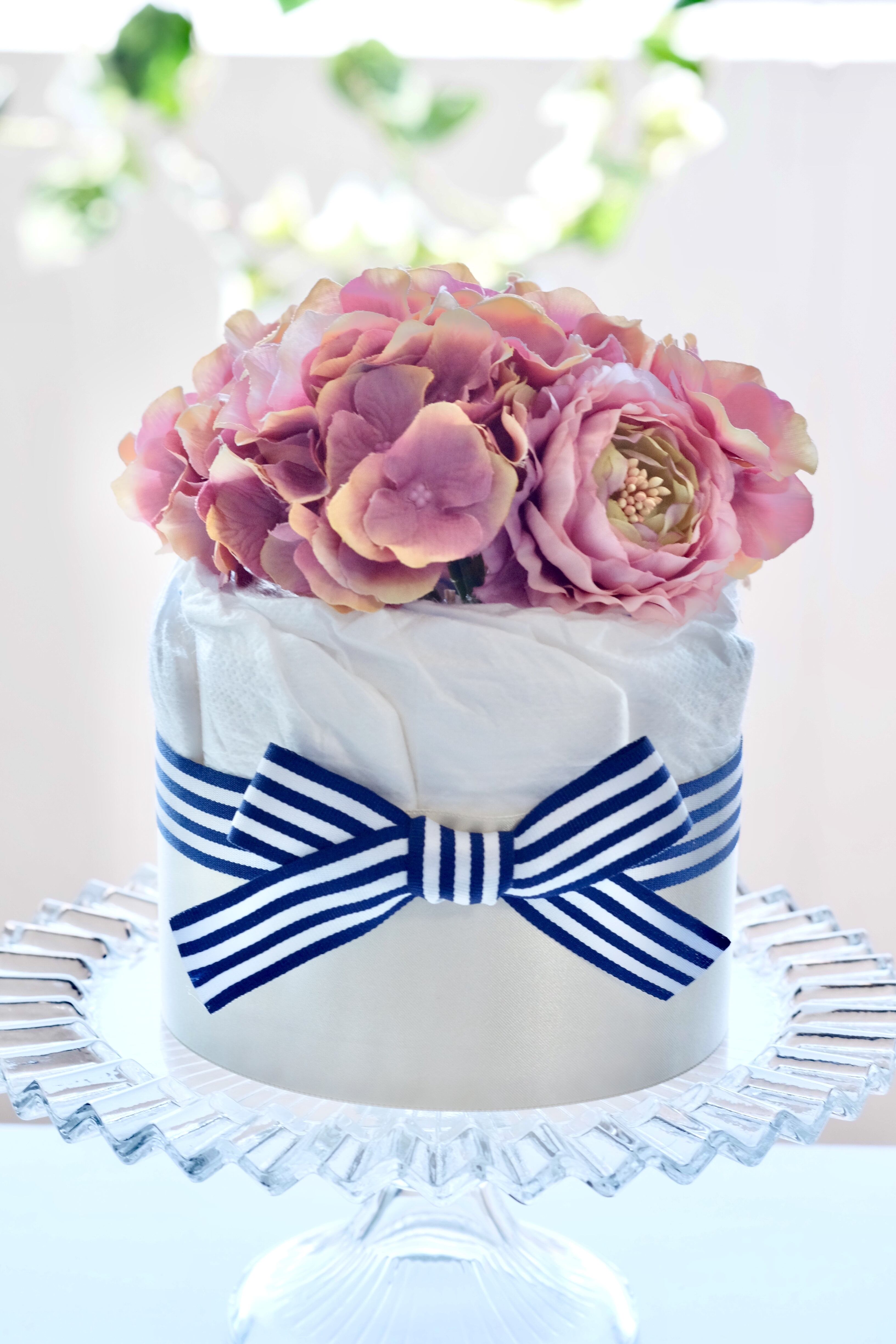 出産祝い 安産祈願に おむつケーキ ショートブーケ モーブピンク ボーダー オムツケーキ 愛妻家の花屋 はなぷれ