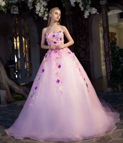 高品質！ カラードレス ピンク ミニトレーン/短トレーン ベアトップ  