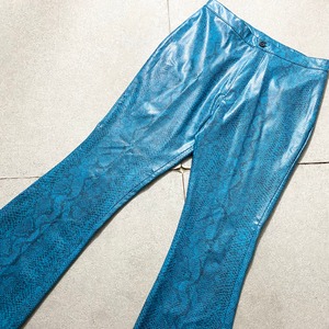 old turquoise color python pattern fake leather flair pants