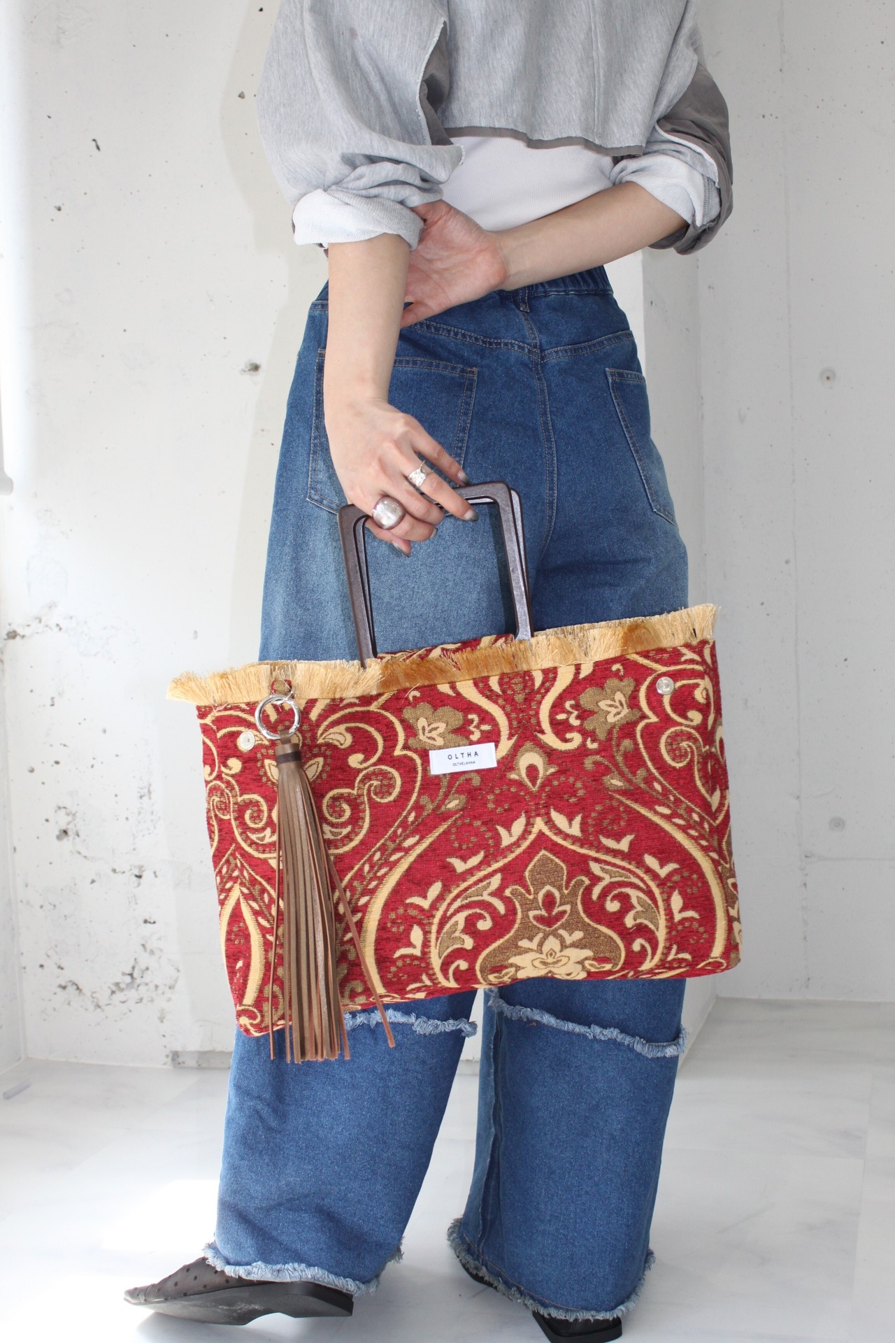 Convertible Bag with Leather Tassel / Red×Brown