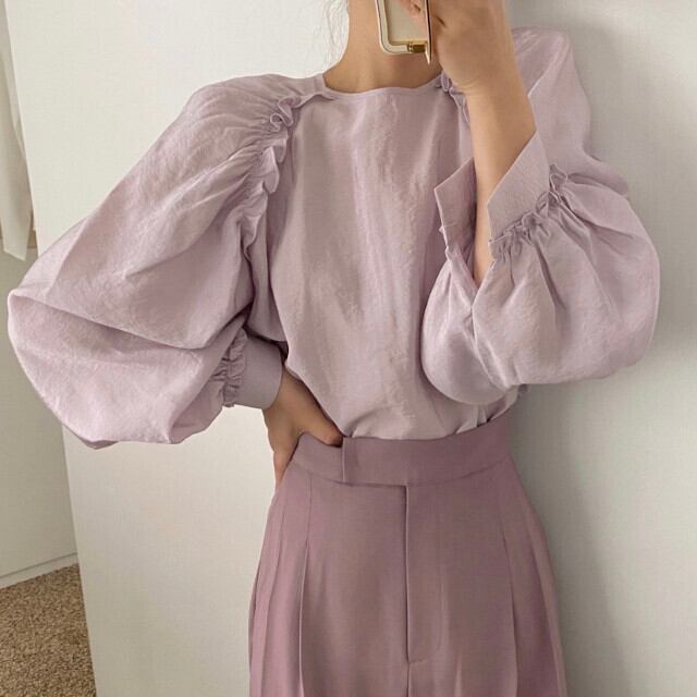 ブラウス レディース トップス とろみブラウス ボリュームスリーブ パフスリーブ バルーンスリーブ フェミニン おしゃれ 大人かわいい パープル/アプリコット/ホワイト