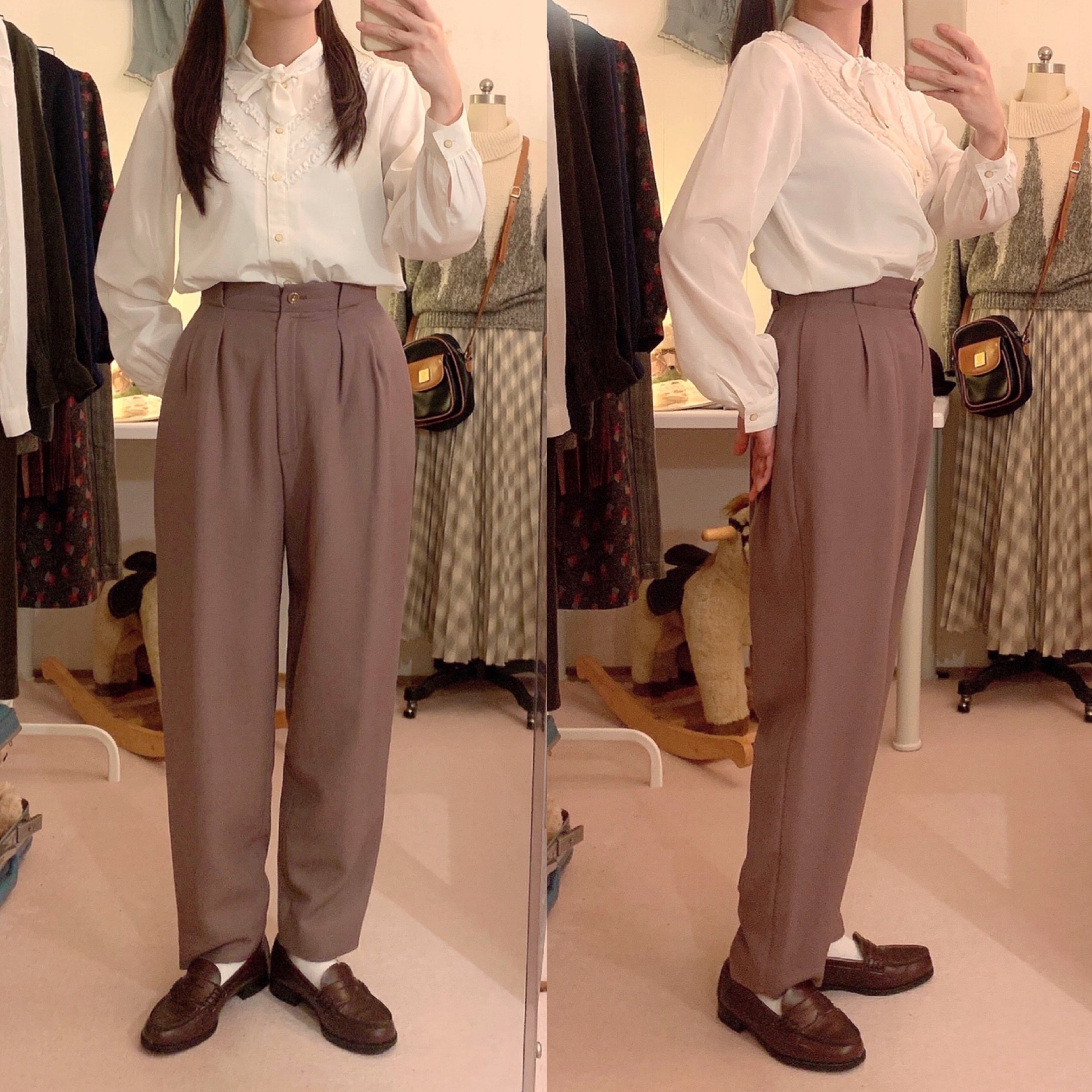 cream brown high waist tuck pants