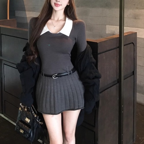 【2点セット】配色カラープリーツニットミニワンピ＋ベルト ・71852