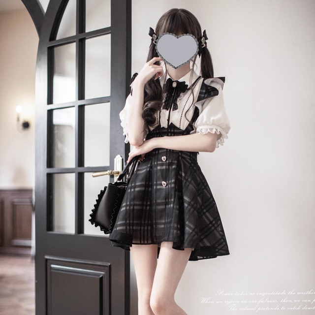 クラロリ サスペンダースカート レース レイヤード チェック柄 地雷系 普段着使い 胡桃木 可愛いファッション