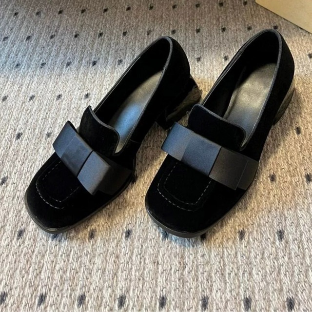 フロント リボン スエード ミディアム ヒール パンプス 341193