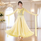 社交ダンス 衣装 Wish plus ウィッシュプラス ドレス ワンピース スタンダード イエロー系 黄色 レモン プリーツ デモ 競技 ダンス パーティ 発表会 明るい レディース 綺麗 かわいい 豪華 ダンス衣装 舞台衣装 フォーマル 華やか