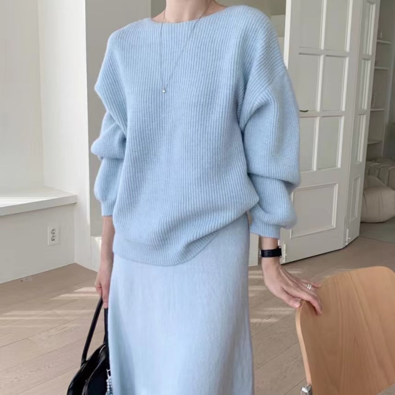 ルーズ ニット セットアップ-ブルー