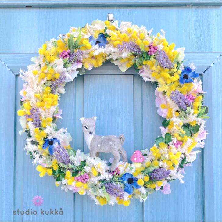 送料無料 直径33cm ミモザとラベンダーの春リース バンビ ユーカリ ベリー パンパス アネモネ Studio Kukka スタジオクッカ