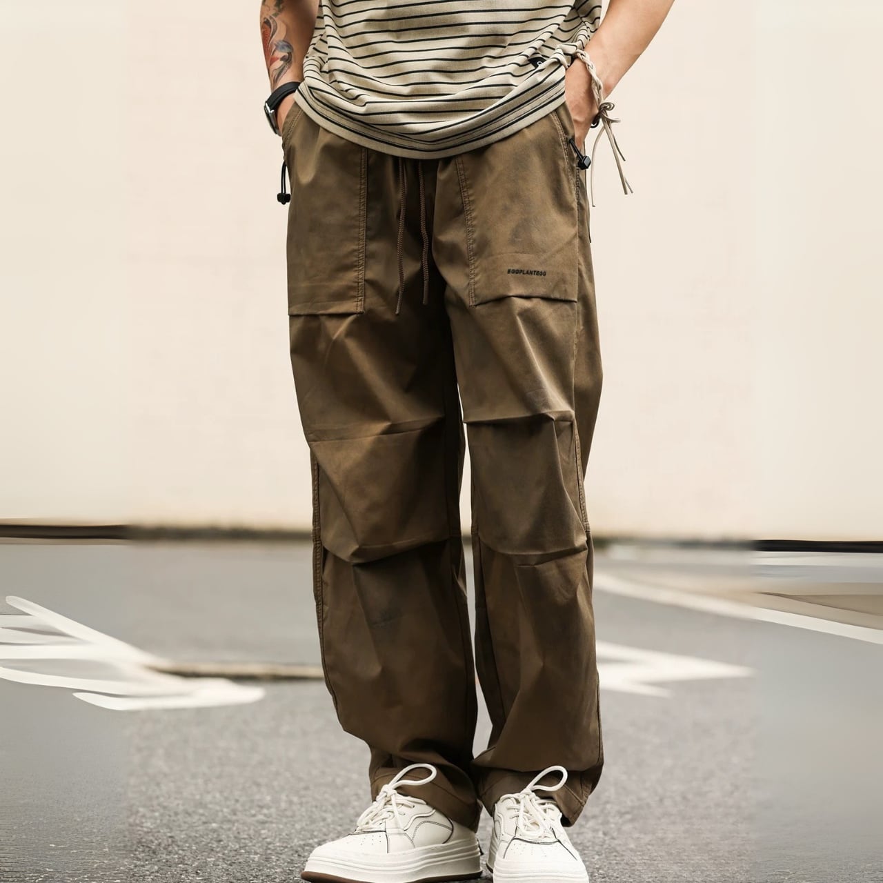 ドローコード付き ワイドレッグ ルーズフィット カーゴパンツ 00535