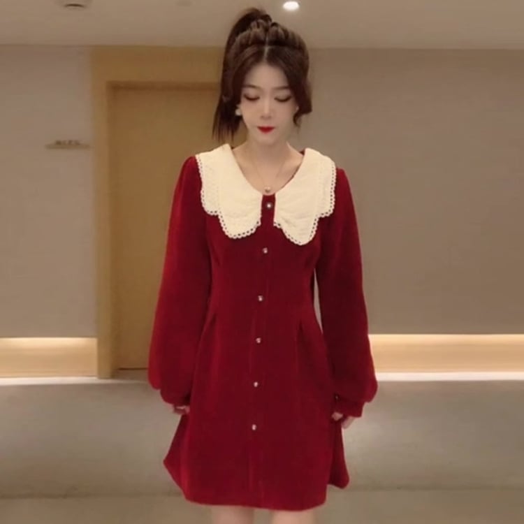 【新作】【送料無料】 [ゴールドベルベット] フレンチドレス春と秋の新作 2022 ファッション韓国スタイルウエストスリムドールカラー長袖ドレス 0287042487920