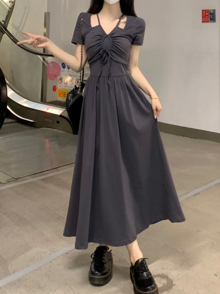 大人レディな美しいドレープが魅力 フロントギャザーフェイクツーピースロングワンピース 半袖 Vネック スリム シック 大人かわいい Aライン レイヤード 華奢見え 大きいサイズ 韓国 CH9688