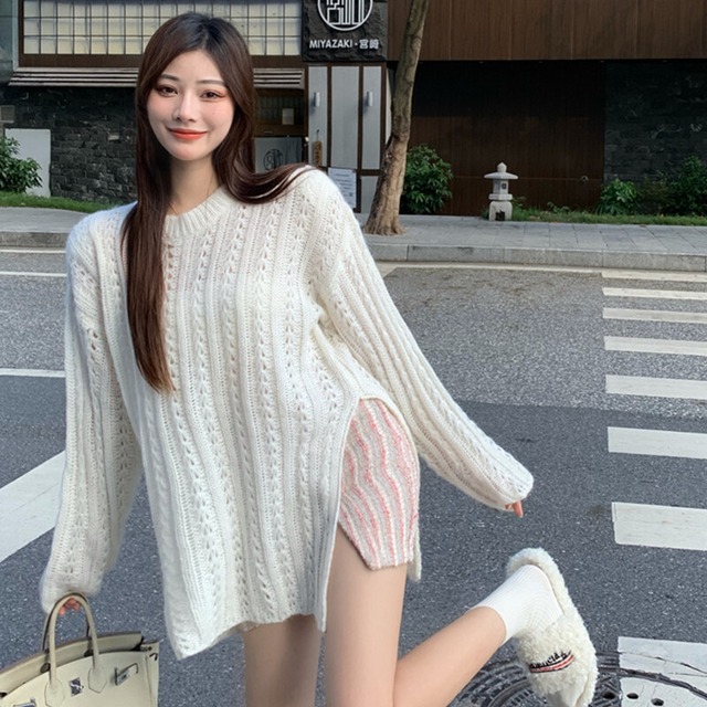 ラウンドネックセーター レディースオータムウィンタールーズプルオーバー ソリッド カラートップス ロング 大人ガーリー スウィート キュート カジュアル 秋物 冬物 Oネック ソリッドカラー ガールズファッション65419715163