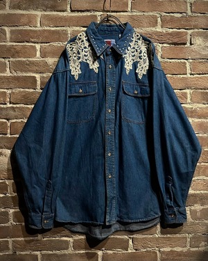 【Caka act3】Flower Embroidery Vintage Vintage Loose L/S Denim Shirt